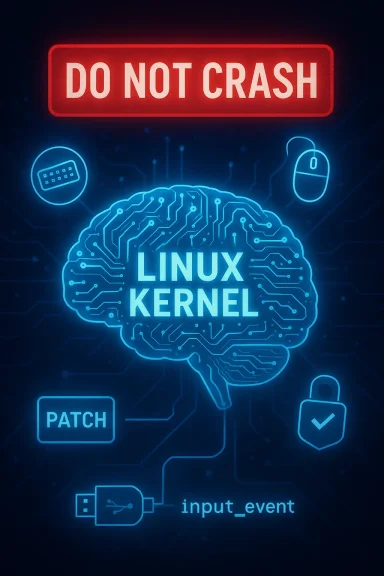 Neon blue brain circuit diagram labeled Linux Kernel with a Do Not Crash warning.