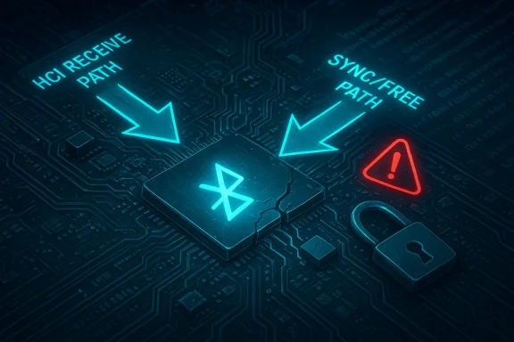 Cracked Bluetooth chip on a blue-lit circuit board with warning icons.