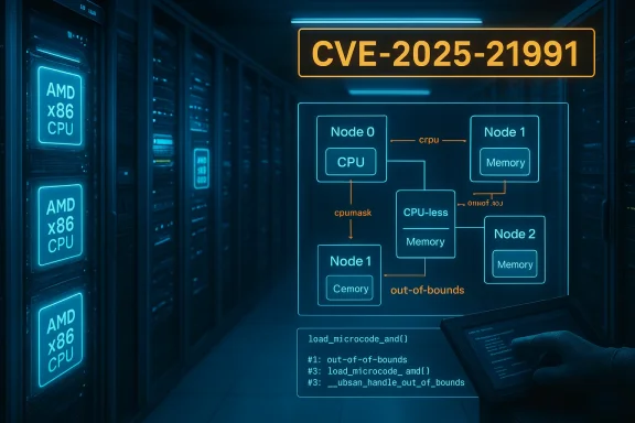 Futuristic data center with a neon diagram of CVE-2025-21991 and AMD x86 CPUs.