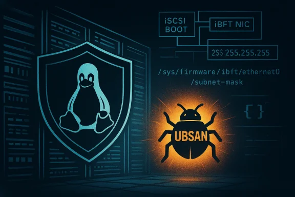 UBSAN bug icon glows beside a Linux shield as server racks loom.