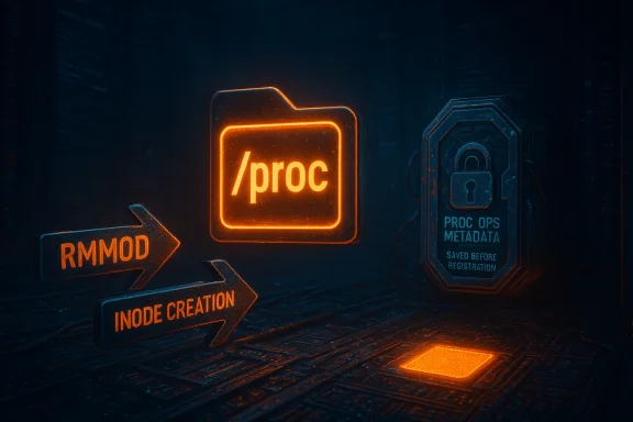 Neon /proc icon glows in a dark server room beside RMMOD and INODE CREATION arrows.