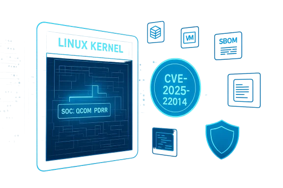 Neon blue infographic detailing the Linux kernel and CVE-2025-22014 vulnerability.