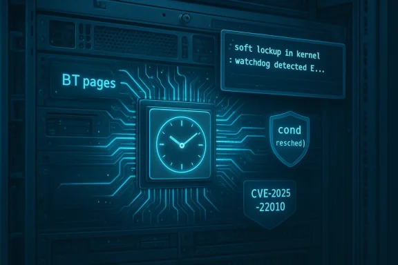 A futuristic server rack with glowing blue circuitry, a clock, and security/alert labels.