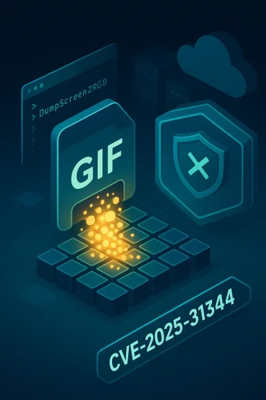 Isometric illustration of a CVE-2025-31344 vulnerability with glowing GIF tile and shield.
