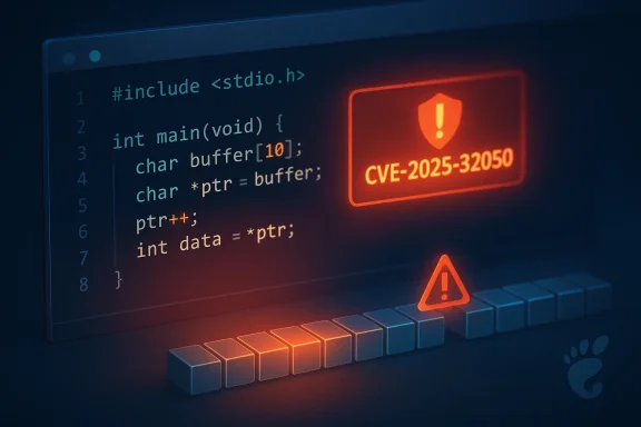 Code snippet on a dark screen shows a CVE-2025-32050 security warning.