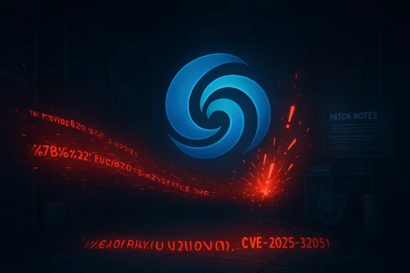 A luminous blue swirl logo floats in a dark server room, with red data streams and CVE-2025-32051 glowing on the floor.