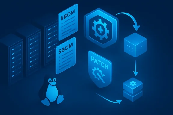 Isometric blue diagram showing SBOMs, patching, and software supply-chain security.