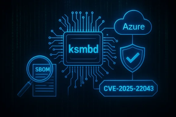 Neon blue illustration of ksmbd chip linked to Azure Cloud, SBOM, shield, and CVE-2025-22043.
