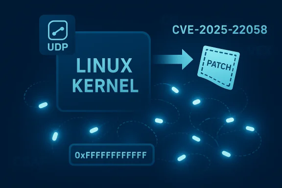 Linux kernel patch for CVE-2025-22058 UDP vulnerability.