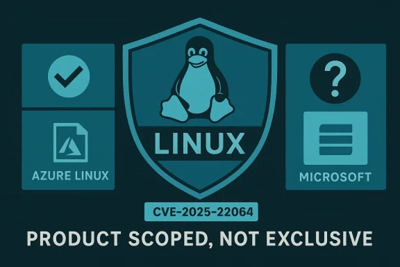 Linux shield with Tux icon, flanked by Azure Linux and Microsoft tiles, CVE-2025-22064.