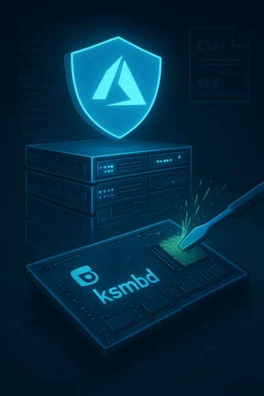 Blue Azure shield above server racks, soldering iron touching a ksmbd chip.