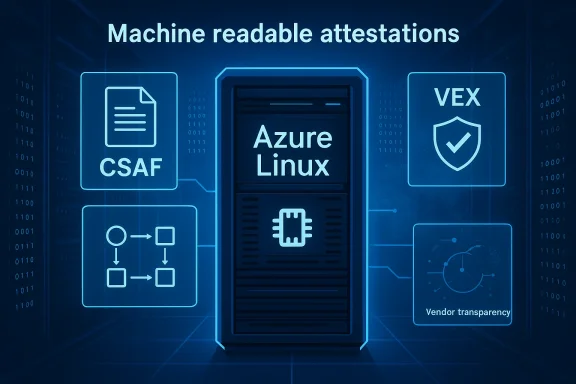 Machine-readable attestations with Azure Linux at center, surrounded by CSAF, VEX, and vendor transparency icons.