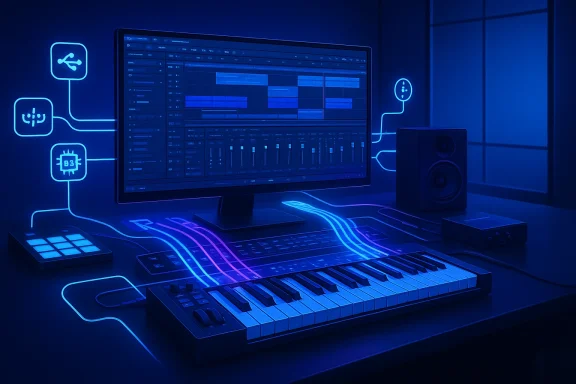 Futuristic music production setup with a MIDI keyboard, monitor, mixer, and neon-blue lighting.