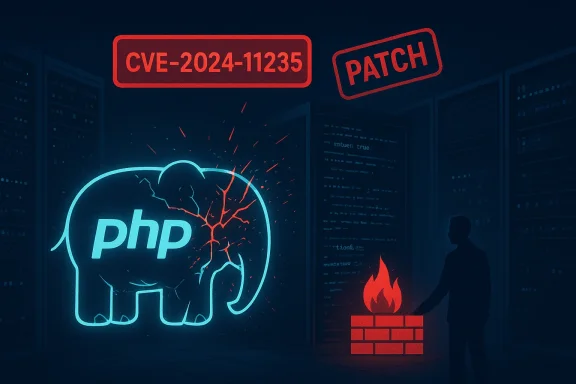 Neon PHP elephant cracks in a server room as a patch for CVE-2024-11235 is applied.