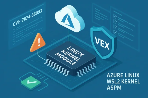 Azure Linux WSL2 kernel module with VEX shield and CVE warning icons.