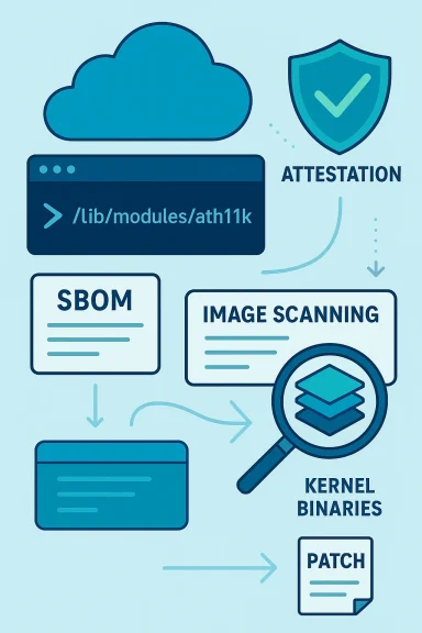 Illustration of software supply chain security with SBOM, attestation, image scanning, and patching kernel binaries.