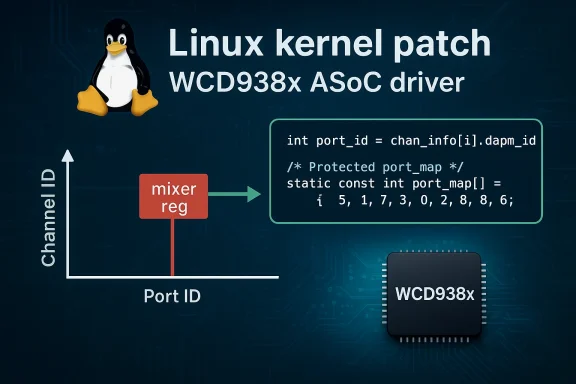 Linux kernel patch for WCD938x ASOC driver with port map diagram.