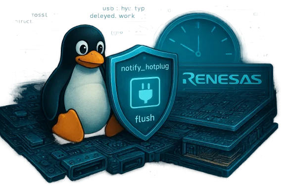 Linux penguin Tux shields a badge marked 'notify_hotplug' beside Renesas hardware.