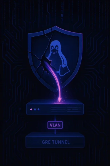 A glowing Linux shield cracks as a purple tunnel breaches VLAN into a GRE tunnel.