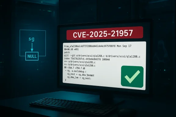 Monitor shows CVE-2025-21957 patch notes and code snippet with a green checkmark.