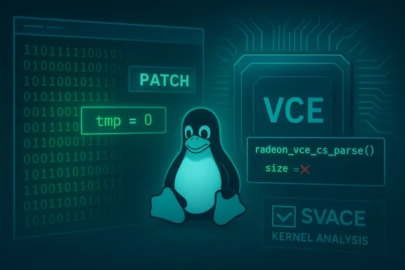 Linux penguin amid circuitboard graphics, patch prompts, and VCE kernel analysis.