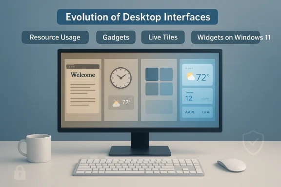 Illustration of desktop UI evolution, from a welcome screen to tiles and Windows 11 widgets.