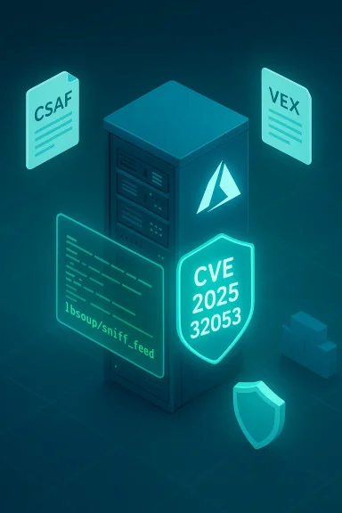 Neon server tower with CVE 2025-32053 shield and floating security docs.