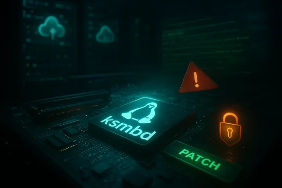 Glowing ksmbd chip on a circuit board, with a warning triangle and padlock in a dark server setting.
