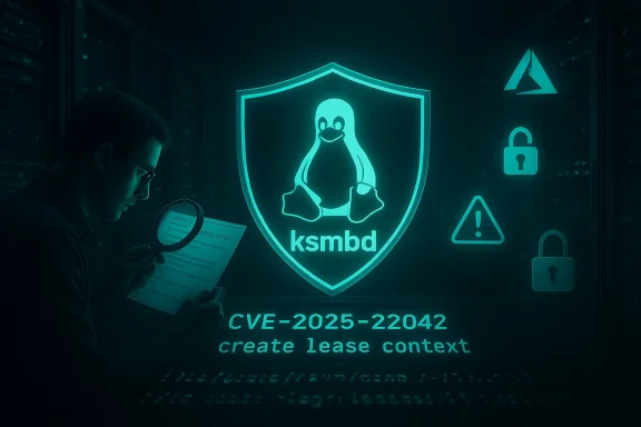 Cybersecurity researcher studies a CVE briefing near a neon ksmbd shield.