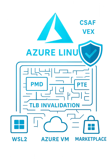 Glowing blue Azure Linux infographic with logo, shield, and cloud/VM icons.