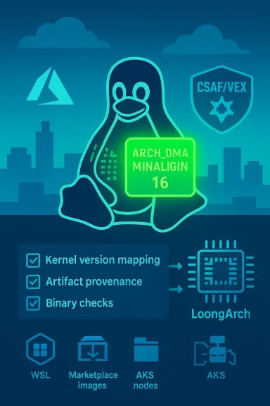 Tux the Linux penguin holds a glowing chip labeled ARCH_DMA MINALIGIN 16 in a neon cityscape.