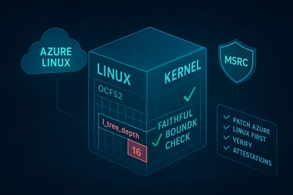 Azure Linux kernel diagram highlighting OCFS2, Ltree_depth 16, and faithful bound checks.