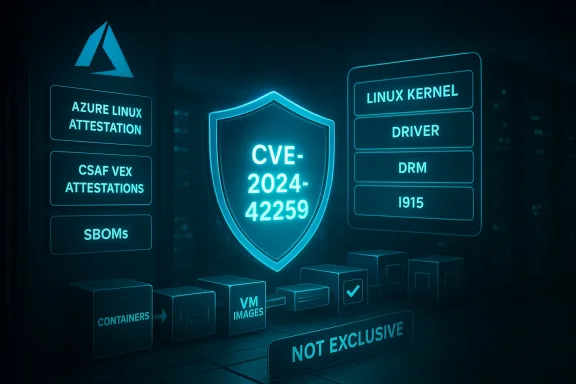 Neon shield displays CVE-2024-42259 amid Linux kernel and container security graphics.