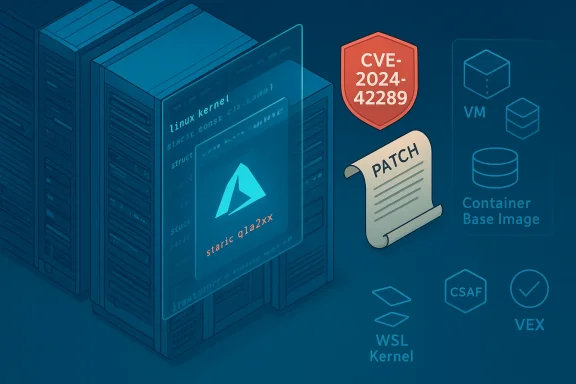 Server rack illustration with a patch note for CVE-2024-42289 Linux kernel vulnerability.
