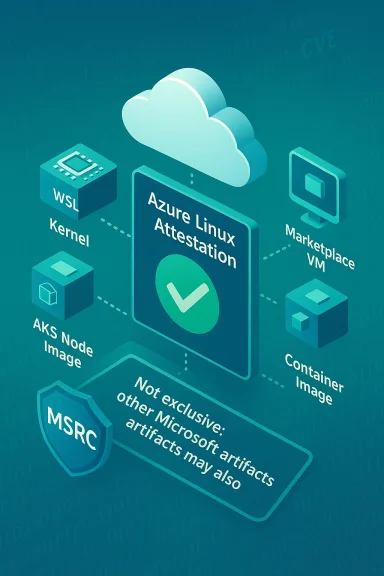 Azure Linux Attestation infographic showing cloud-based attestation for kernels, VMs, and images.