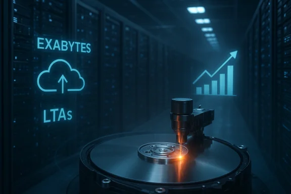 A laser reads a spinning hard drive in a data center, with exabytes and LTAs icons and a rising chart.