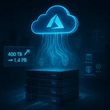A glowing blue cloud hovers over a stack of servers as data streams upward.