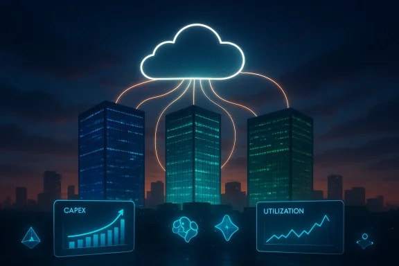 Neon cloud above a city connects three glass towers, with dashboards showing CAPEX and utilization. Neon cloud above a city connects three glass towers, with dashboards showing CAPEX and utilization.