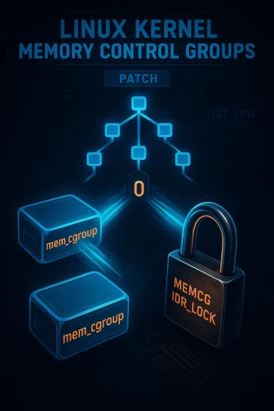 Linux kernel memory control groups patch illustrated with memcg blocks and a lock.
