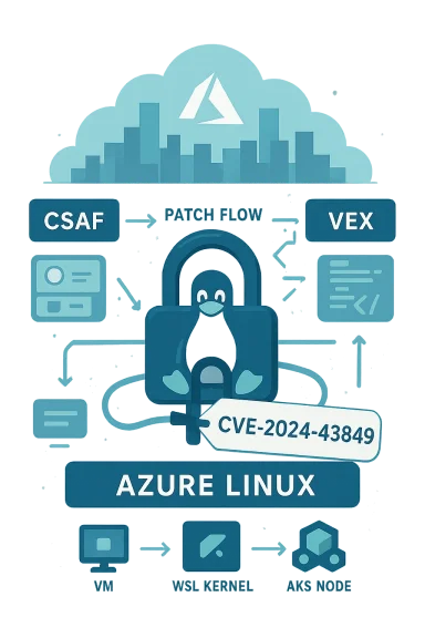 Blue Azure Linux security infographic showing patch flow and CVE-2024-43849.
