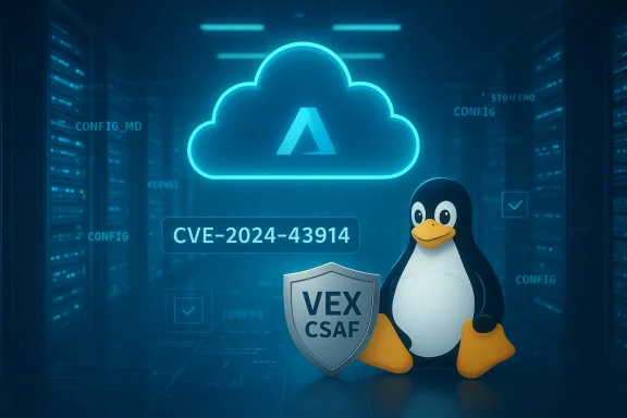 Blue neon cloud displays CVE-2024-43914 as Tux guards a VEX CSAF shield.