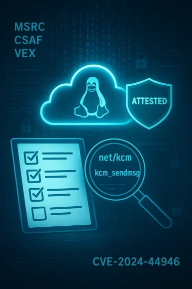 Neon cybersecurity infographic showing Linux cloud attestation and CVE-2024-44946.