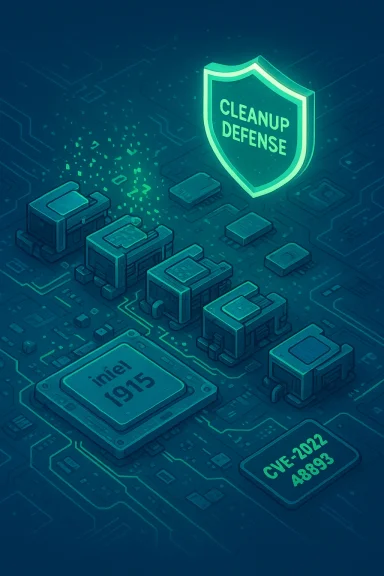 A neon-lit circuit board guarded by a shield labeled “CLEANUP DEFENSE” featuring CVE-2022-48993.