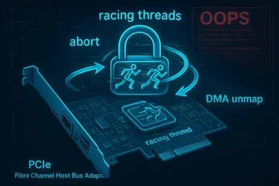 Blue neon diagram of a PCIe card with a padlock and running figures, signaling secure DMA.