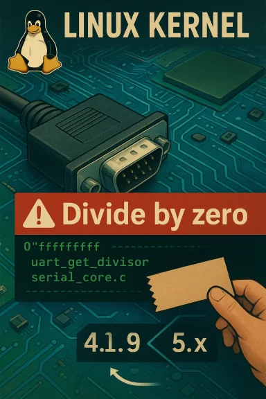 Linux kernel poster warning about divide-by-zero, featuring Tux the penguin and a DB-9 serial connector.