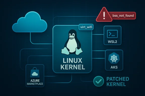 Stylized Linux kernel diagram linking cloud, WSL2, AKS, Azure Marketplace, and patched kernel.