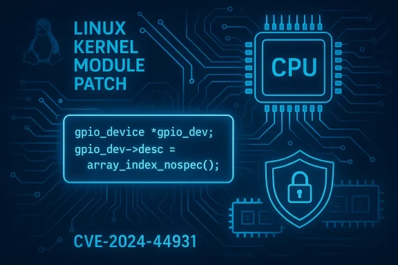 Neon blue illustration of a Linux kernel module patch with code and CVE-2024-44931.