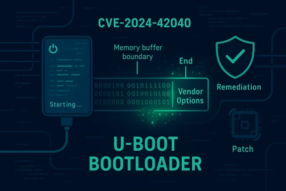 Diagram of CVE-2024-42040 U-Boot bootloader: memory boundary, vendor options, patch and remediation.