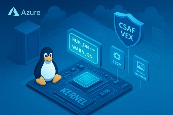 Azure-themed illustration of a Linux penguin on a kernel board with SBOM, image manifest, and a security shield.