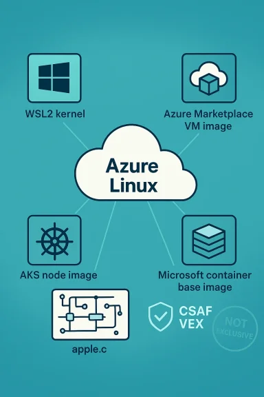 Azure Linux diagram links WSL2 kernel, Azure VM image, AKS node image, container base image, and apple.c.